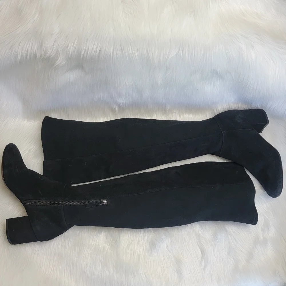 COLE HAAN Elnora Over the Knee Black Suede Pull On Block Heel Boho Sock Boots 7B